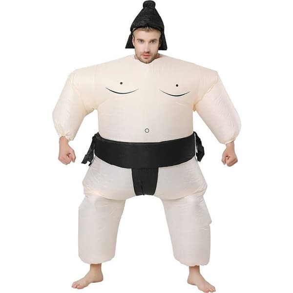 Oppblåsbart sumodrakt for voksne til Halloween, rollespill, fester og jul, passer 150–190 cm White
