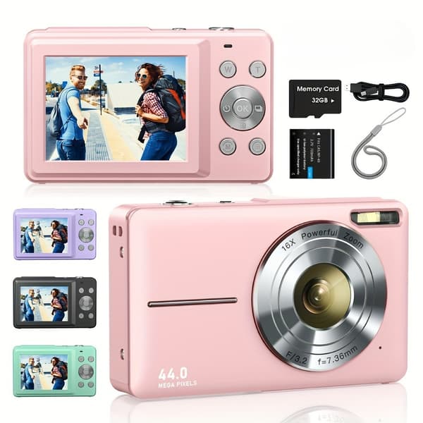 Kompakt 44MP Digitalkamera med 32GB Kort, 1080P FHD, Pink, Bærbart til Vlogging