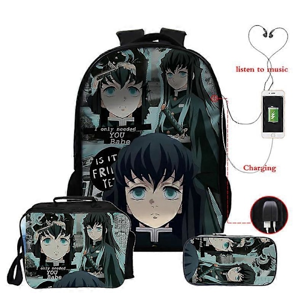 Anime Demon Slayer Muichiro Tokito Reppu Teini-ikäisille Pojille Tytöille Koululaukut Manga Reppu Usb 3kpl/settiä 16 Tuuman Kannettavan Tietokoneen Reput 0muichiro173