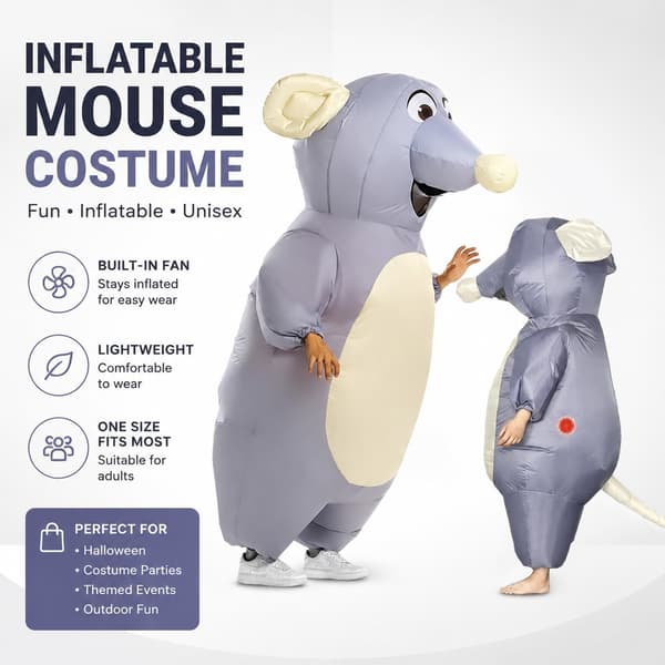 Oppusteligt musekostume til Halloweenfest, grå voksen, One Size Fits All, udendørs rekvisitter