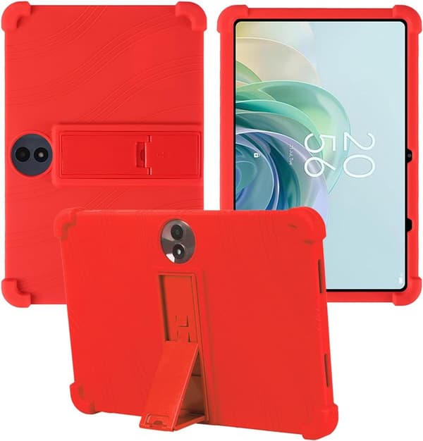 Mjukt silikonfodral för TCL TAB 11 Gen2 11 tums Android 14 surfplatta, stötsäkert barnvänligt med justerbart stativ (rött)