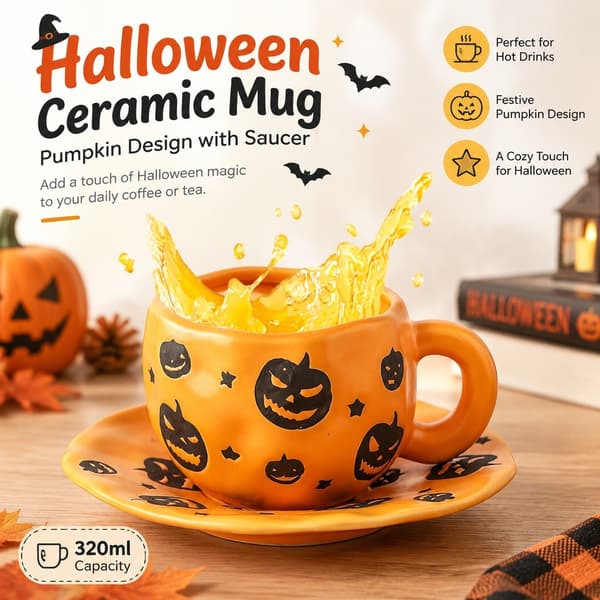 Halloween Keramisk Mugg 320ml med Fat, Pumpastil, Spöklik Kaffekopp