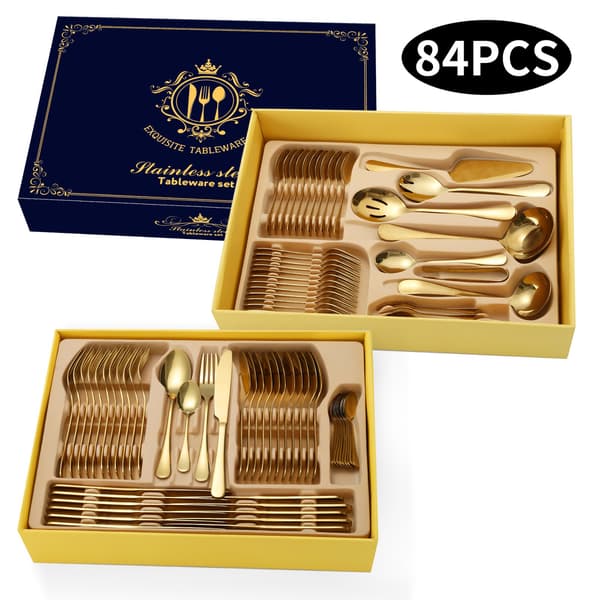 84-delars bestickset i rostfritt stål, guld, spegelblank, presentförpackning