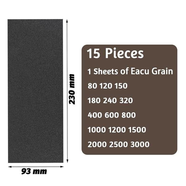 15-pack våt- och torrslipspapper, korn 80–3000, 23 x 9 cm