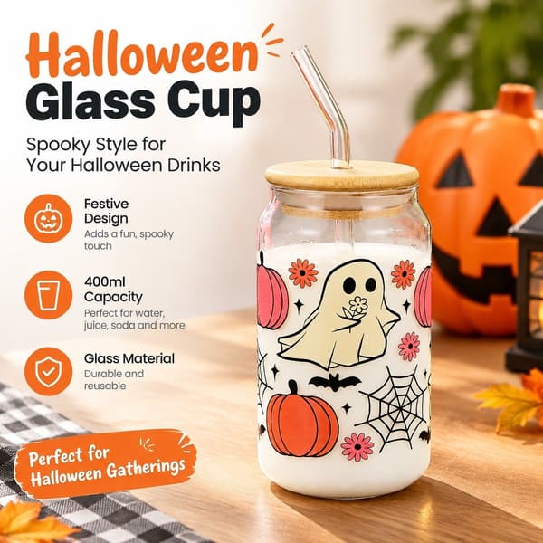 Halloween-glas med lock och sugrör, pumpaspökmugg, 400 ml