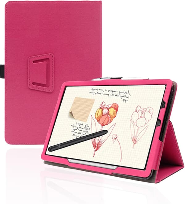 PU-skinnveske for XP-Pen Magic Note Pad 10,95\", sammenleggbart stativ, blyantholder, håndleddsrem, roserød