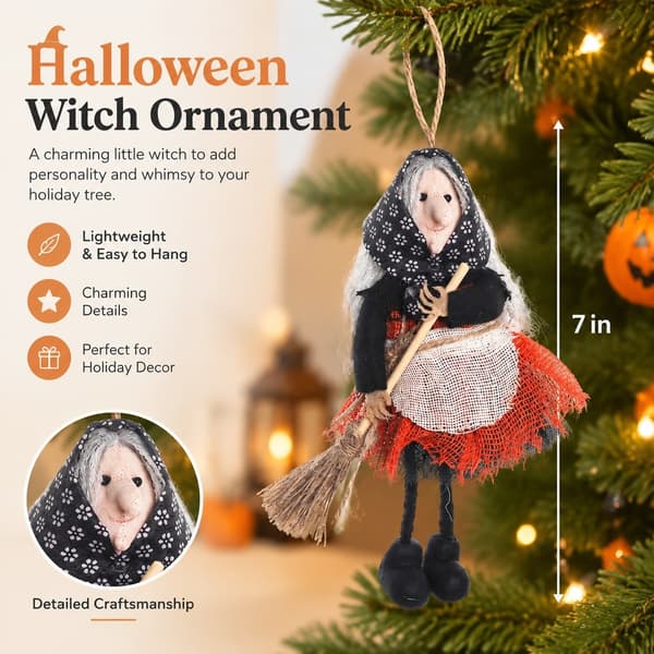 Halloween-häxprydnad med kvast, samlarfigur i form av en häxa med förkläde för julgransdekoration Orange