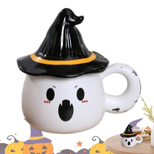 Halloween Spökmugg med Lock, Keramisk Kaffekopp, Vit, Stil 2, Rolig Present