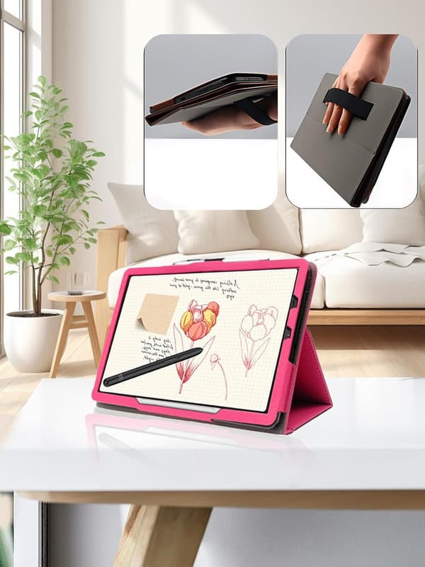 PU-skinnveske for XP-Pen Magic Note Pad 10,95\", sammenleggbart stativ, blyantholder, håndleddsrem, roserød