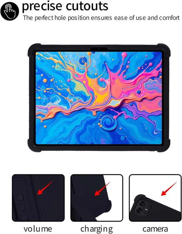 Silikonnettbrettdeksel kompatibelt med TECLAST Artpad Pro 12.7\", justerbart stativ, støtsikkert, regnbuesvart