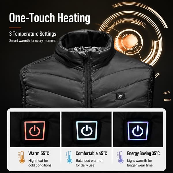 Genopladelig opvarmet vest, sort, 3 temperaturniveauer, USB, polyester, udendørs vinter
