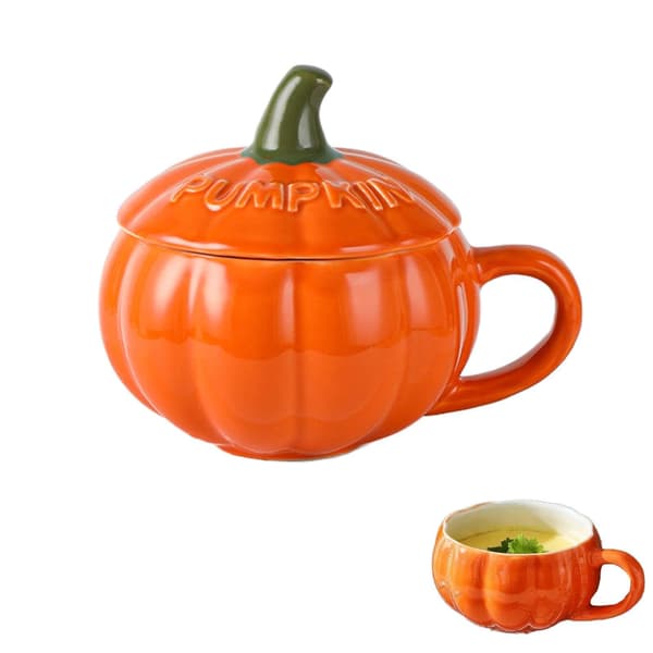 Keramisk pumpamugg, 300 ml kaffemjölkskopp med lock och sked, Halloween