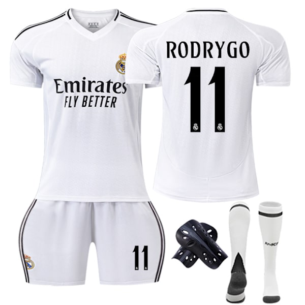 2425 Real Madrid hjemme fodbolduniform sæt Rodrigo med sokker + beskyttelsesudstyr