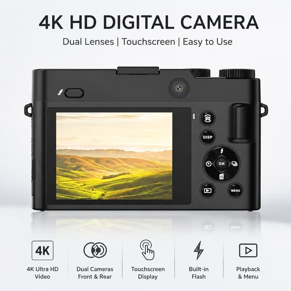 4K HD digitalkamera med dobbeltlinser og touchskærm, sort