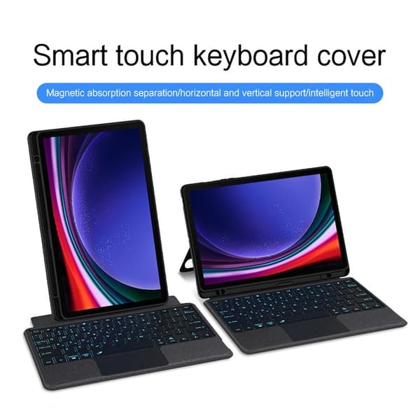 Bluetooth-tastaturcover til Samsung Galaxy Tab S9/S9 FE, læder, touchpad, baggrundsbelyst - 12,4 tommer