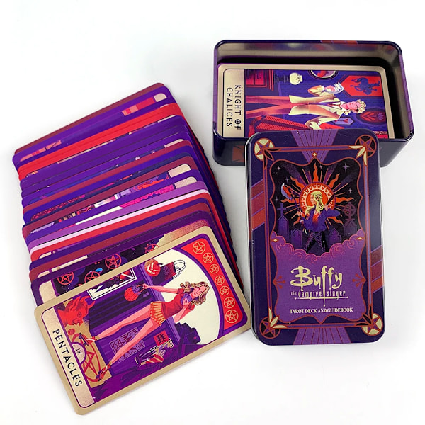 Lila Buffy the Vampire Slayer Tarotkortlek I En Plåtlåda Metallåda Med Pappersguidebok Guldpläterade Kanter Inbunden Utgåva