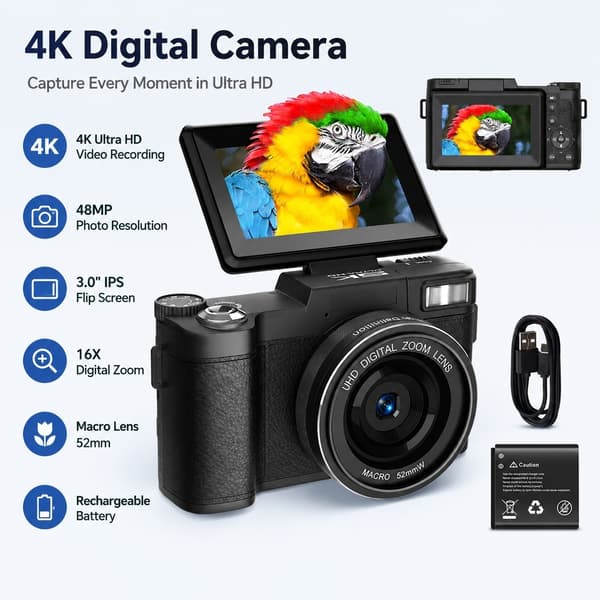 5K Ultra HD 64MP WiFi digitalkamera med roterende skærm og makroobjektiv, sort Black