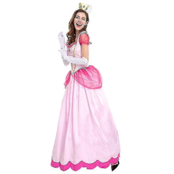 Super Mario Peach Cosplay Kostym för Kvinnor Rosa Prinsessklänning + Handskar + Huvudbonad Set Karnevalsfest L