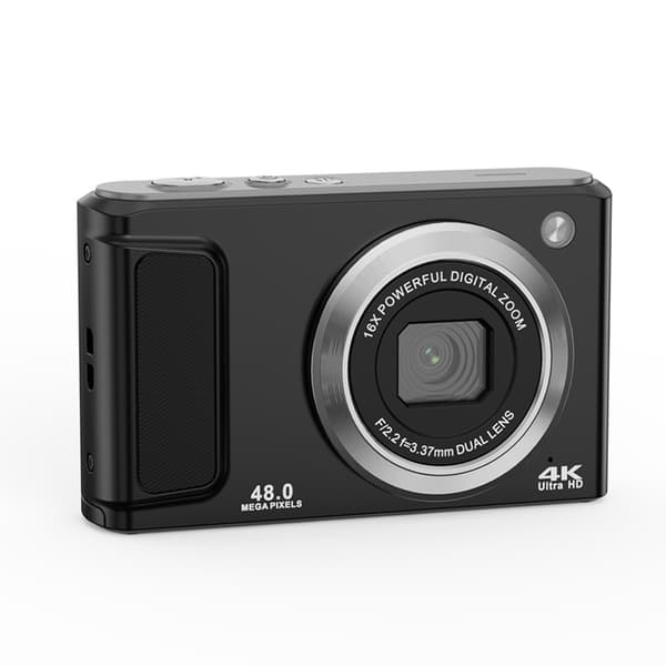 4K HD digitalkamera med front- og baglinse, stabilisering, sort Black