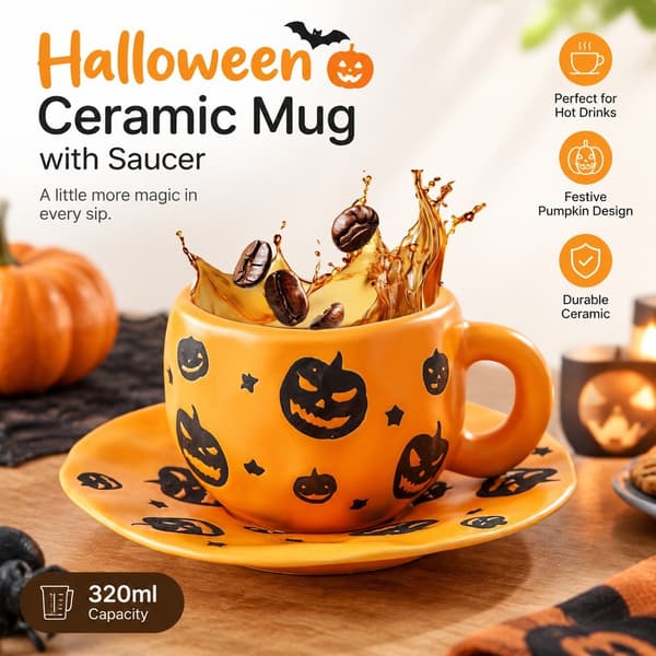 Halloween Keramisk Mugg 320ml med Fat, Pumpastil, Spöklik Kaffekopp