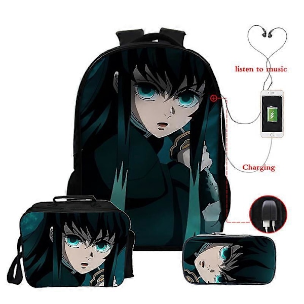 Anime Demon Slayer Muichiro Tokito Reppu Teini-ikäisille Pojille Tytöille Koululaukut Manga Reppu Usb 3kpl/settiä 16 Tuuman Kannettavan Tietokoneen Reput 0muichiro177