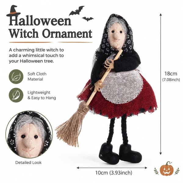 Halloween-häxprydnad med kvast, förklädeshänge, tygdocka för granen Red