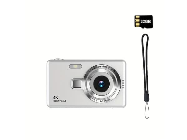 Bærbart 4K HD digitalkamera med autofokus, 32 GB minnekort, fylllys, sølv