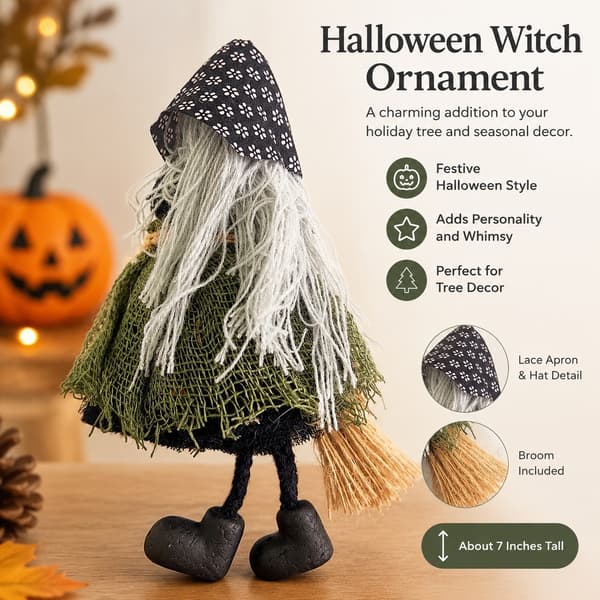 Halloween-häxprydnad med kvast, häxfigur med förkläde, julgransdekoration, samlarobjekt Green