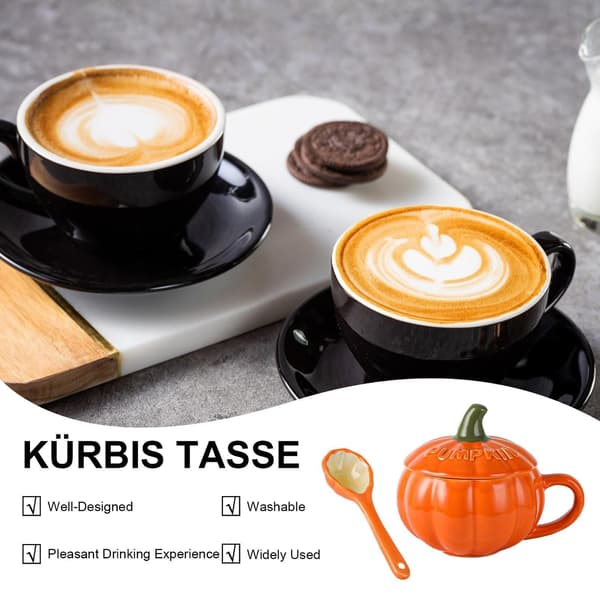 Keramisk pumpamugg, 300 ml kaffemjölkskopp med lock och sked, Halloween