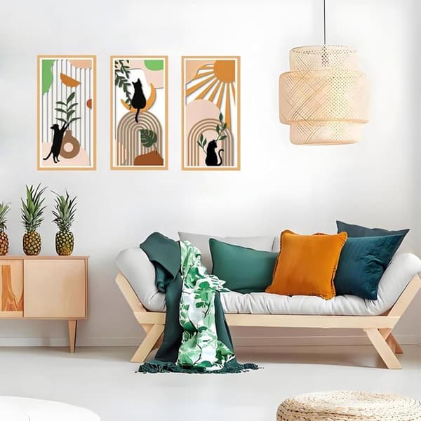 3-delt Boho-Chic Trævægskulptursæt med Katte, Vaser, Tropiske Blade, Sol og Måne