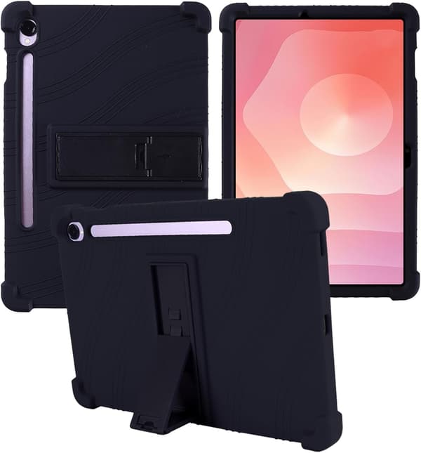 Silikonfodral för Samsung Galaxy Tab S10 Lite 11\", justerbart stativ, stötsäkert, barnvänligt, svart