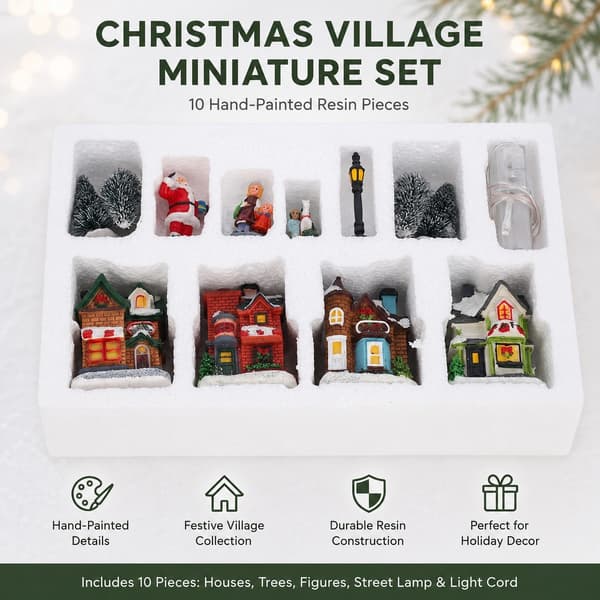 Julelandsby i harpiks med LED-lys, miniaturehuse, julepyntgave