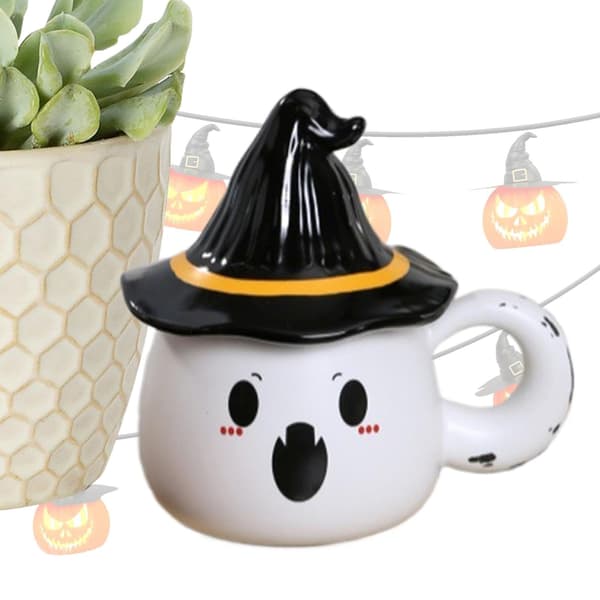 Halloween Spökmugg med Lock, Keramisk Kaffekopp, Vit, Stil 2, Rolig Present