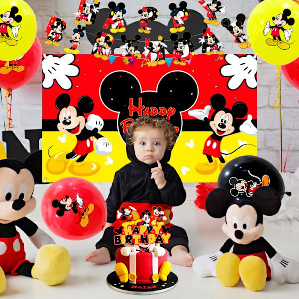 Mickey Mouse -syntymäpäiväkoristeet sisältävät taustat, bannerit, pöytäliinat ja paljon muuta. Färgade dekorationer