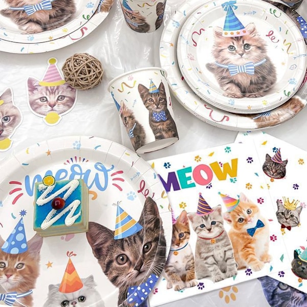 Födelsedagsfestmaterial för katt, kattdekorationer servisset – kattballong, kattfödelsedagsflaggor, duk Färgglada tallrikar