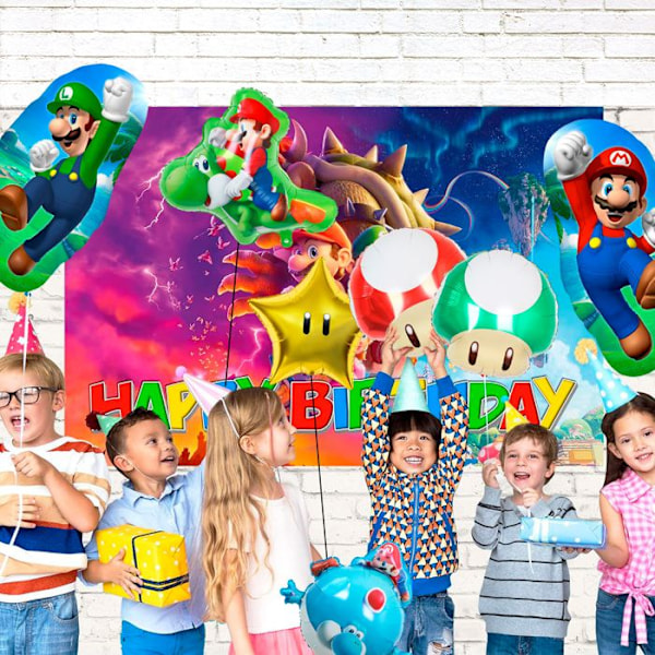 Dekoration för fest Super Mario, 8 Super Mario Bros Ballonger Inklusive en Aluminiumballong i Form av Mario-svampen osv. Flerfärgad