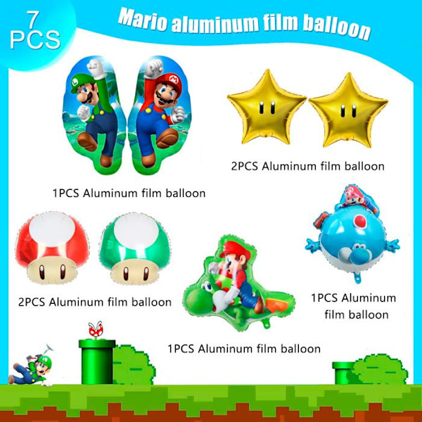 Dekoration för fest Super Mario, 8 Super Mario Bros Ballonger Inklusive en Aluminiumballong i Form av Mario-svampen osv. Flerfärgad