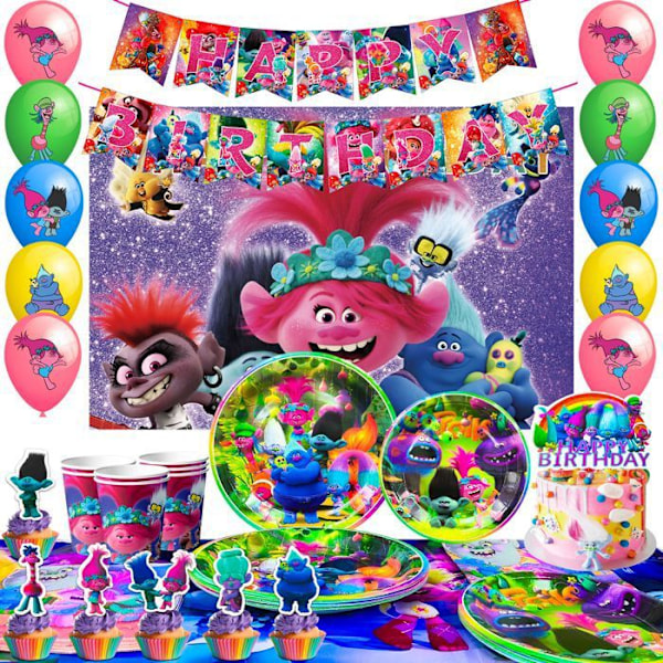 Syntymäpäiväkoristeet Trollit Juhlakoristeet Juhlaballoonit Syntymäpäiväbanneri Kakkukoristeet Trollit jne. Färgglad tallrik