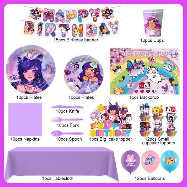 Aphmau-juhlakoristeet, juhlavälineet, syntymäpäiväkoristeet, ilmapallot, pöytätavarat Aphmau. Flerfärgad