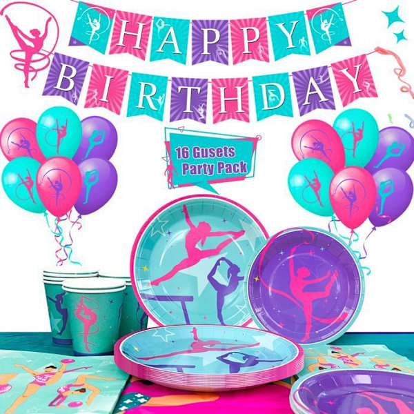 Dekoration för Gymnastikfödelsedag, Festdekoration och Serviser - Gymnastikbrädor och Festballonger etc. Färgglada tallrikar