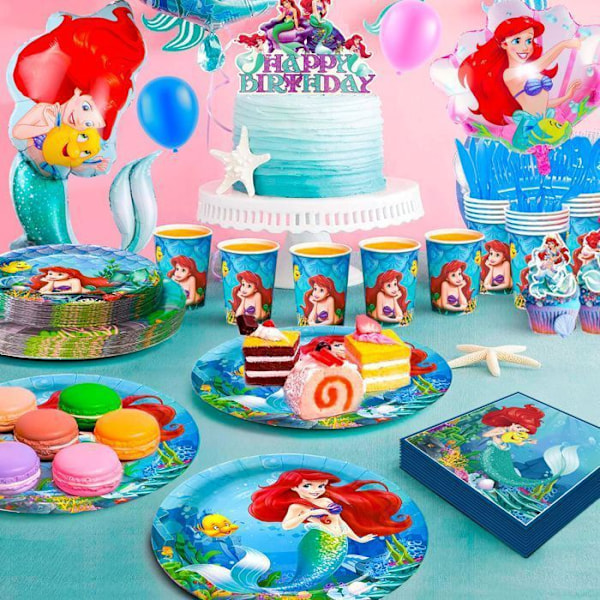 Dekorationer för Sirénens födelsedag, Födelsedagsservis Kit, Födelsedekorationer Ballong Ariel Lilla Sjöjungfrun Tallrik etc. rika färger