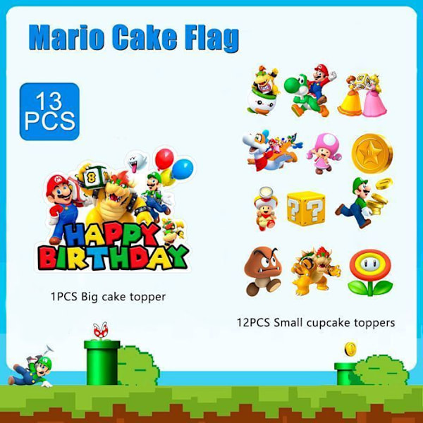 Mario Cupcake Dekoration för Födelsedags Tårta 13st, Mario Födelsedagsfest Dekoration Flerfärgad