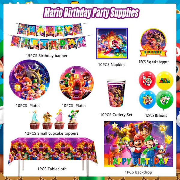 "Mario Fødselsdagsdekoration, Mario Bros Fødselsdagsfest Sæt Inkluderer Tallerkener Dugen Ballon osv. Mario Festartikler" Färgglad tallrik