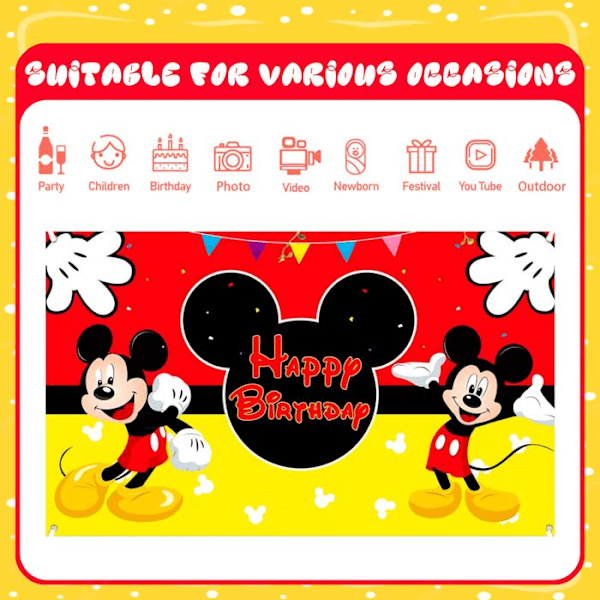 Mickey Mouse Födelsedagsdekorationer Inkluderar Bakgrunder, Banders, Dukar och Mycket Mer Färgade dekorationer