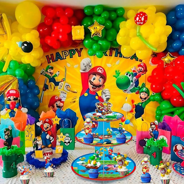 Tårtfat - Super Mario - 3 Nivåer - 12 Dekorationer - Flerfärgad - Födelsedagsfest Flerfärgad