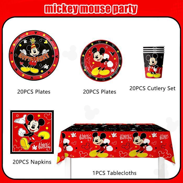 Födelsedagsdekoration, Mickey Mouse Set med Festdukar och Bordsartiklar för Födelsedagsfester Färgglada tallrikar