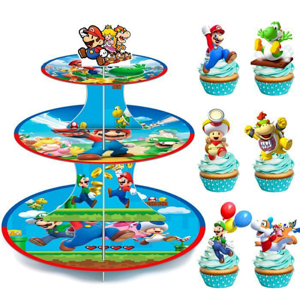 Kakkuteline - Super Mario - 3 Tasoa - 12 Koristetta - Monivärinen - Syntymäpäiväjuhlat Flerfärgad
