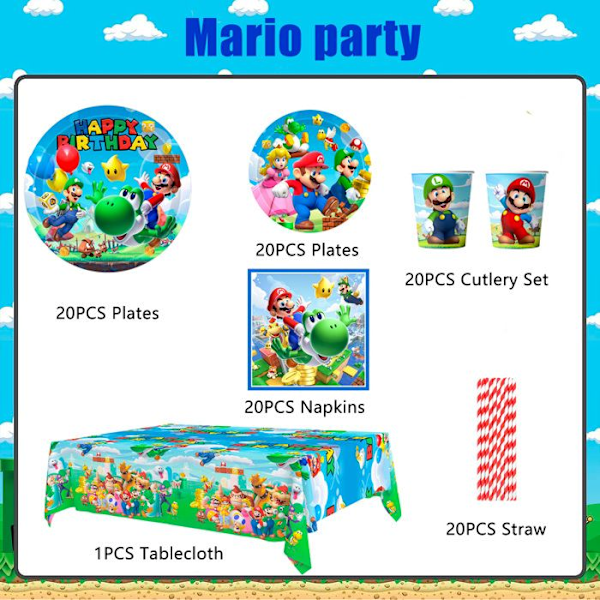 Födelsedagsdekoration Mario Bordartiklar, Mario Bros Födelsedagsdekoration för Barn 141 pcs, Borddekoration Färgglad tallrik