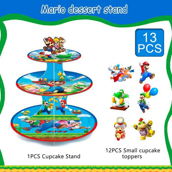 Tårtfat - Super Mario - 3 Nivåer - 12 Dekorationer - Flerfärgad - Födelsedagsfest Flerfärgad