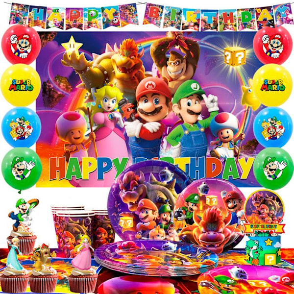 Dekoration Födelsedag Mario, Födelsedagsfest Set Mario Bros Inkluderar Tallrikar Duk Ballong etc Festmaterial Mario Färgglad tallrik
